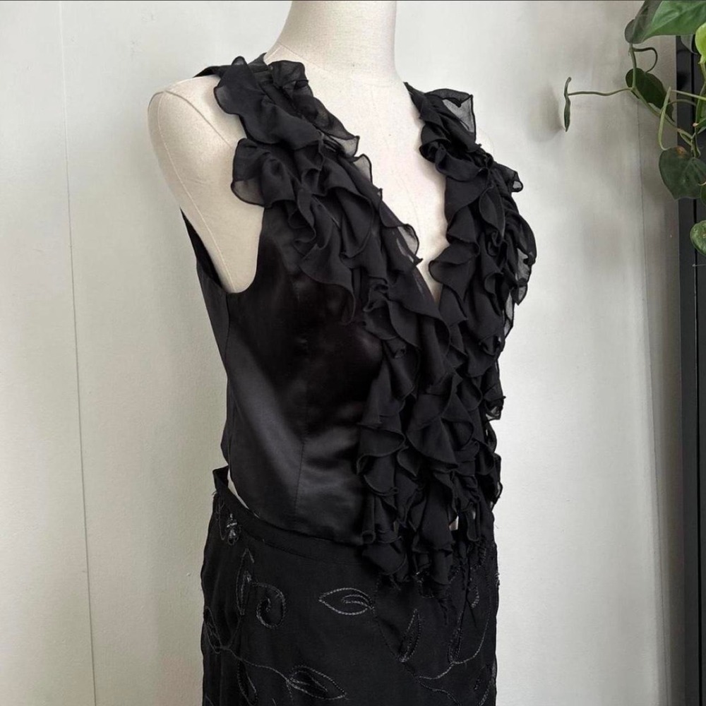 Vintage Forever 21 Black Satin Ruffled Vest Y2K Whimsygoth Top Medium